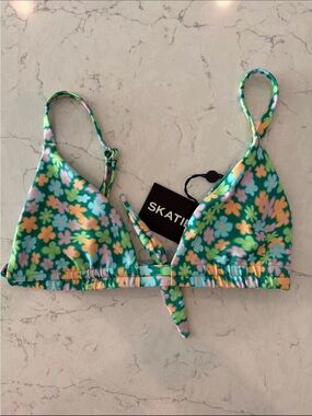 Skatie Green Floral Triangle Bikini Top with Yellow & Pink Flowers